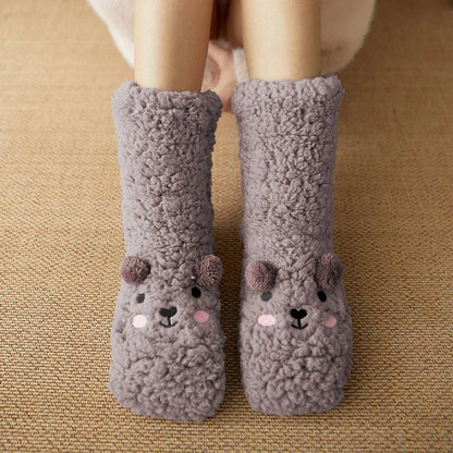 Gray Kawaii Bear fleece warm socks by Belro featuring cute bear design for cozy comfort.