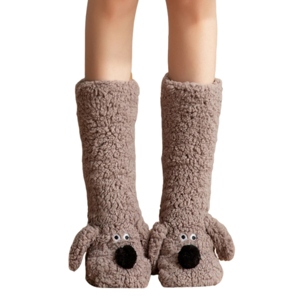 Gray and brown fuzzy dog-themed winter socks by Belro, cozy leg warmers with adorable dog designs for cold weather.