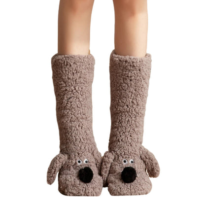 Gray and brown fuzzy dog-themed winter socks by Belro, cozy leg warmers with adorable dog designs for cold weather.