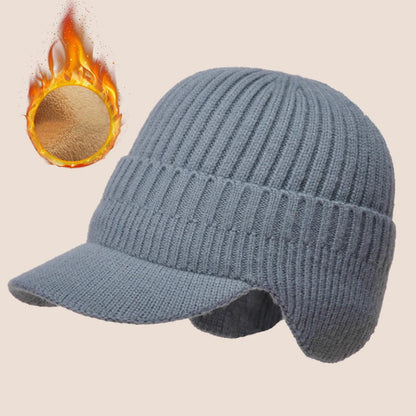 Gray men's knit ear cover winter hat by Belro with integrated ear protection, perfect for cold weather outdoor wear.
