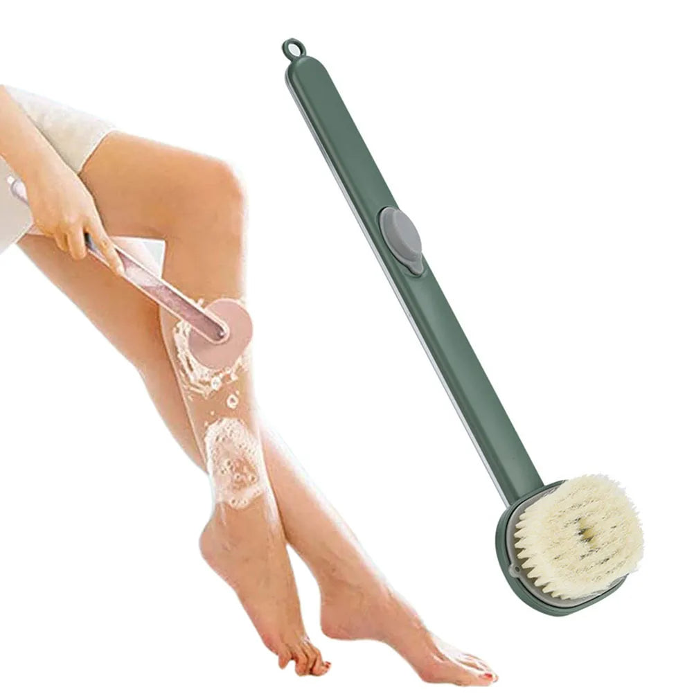 Green long handle back scrubber for shower by Belro, designed for easy massage and exfoliation of hard-to-reach skin areas.