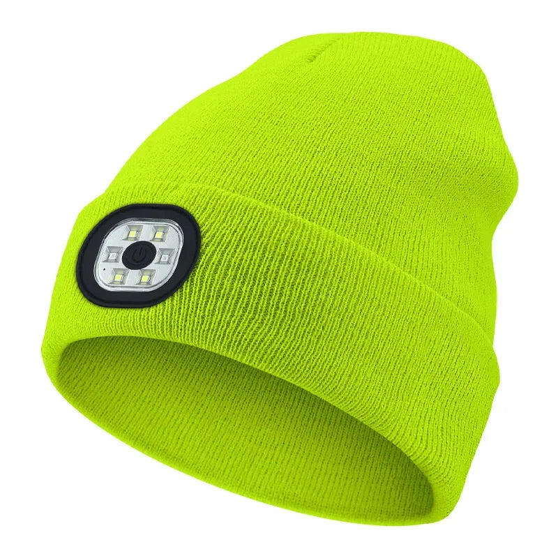 Green Belro rechargeable LED beanie hat with built-in flashlight, ideal for winter outdoor activities and hands-free lighting.