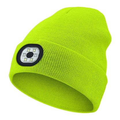 Green Belro rechargeable LED beanie hat with built-in flashlight, ideal for winter outdoor activities and hands-free lighting.