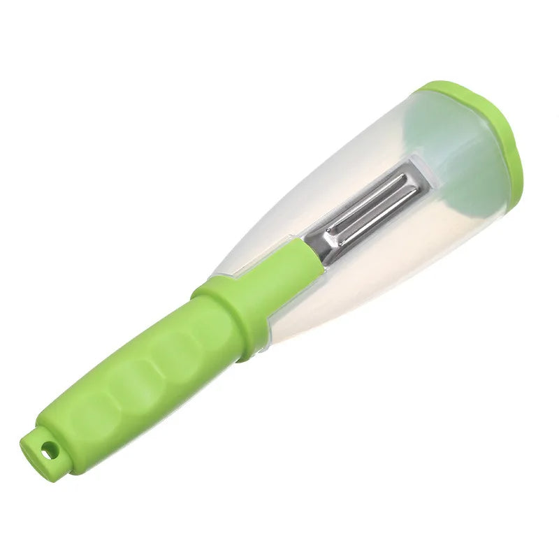 Green Belro multifunction apple and vegetable peeler with storage tube, showcasing the kitchen appliance with peeling blade and container.