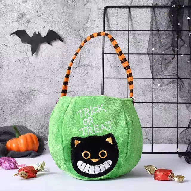 Belro Pumpkin Halloween treat bag for kids, green fabric with pumpkin design, perfect for storing Halloween candies and treats.