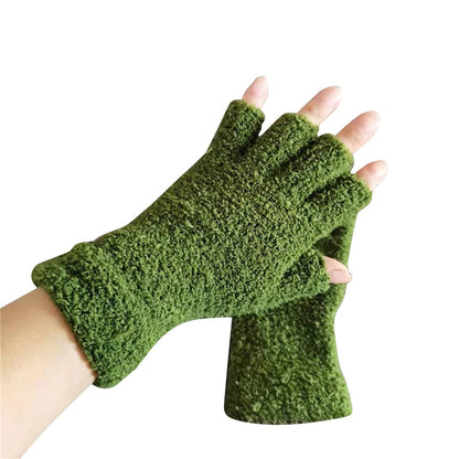 Green Belro winter comfort knit half finger gloves, close-up showing soft knit texture and fingerless design for cozy warmth.
