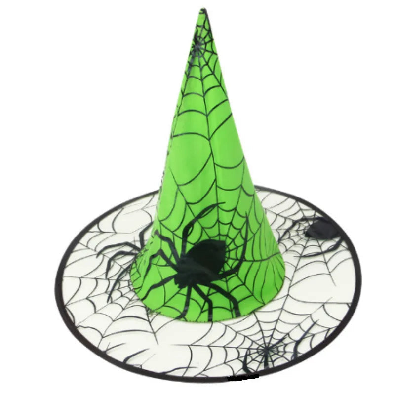 Belro colorful spider web witch hat for Halloween costume, featuring vibrant green fabric with web and spider details.