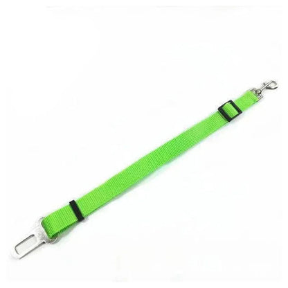 Green Belro adjustable dog seat belt attached to a car seat, securing a small dog for safety during travel.