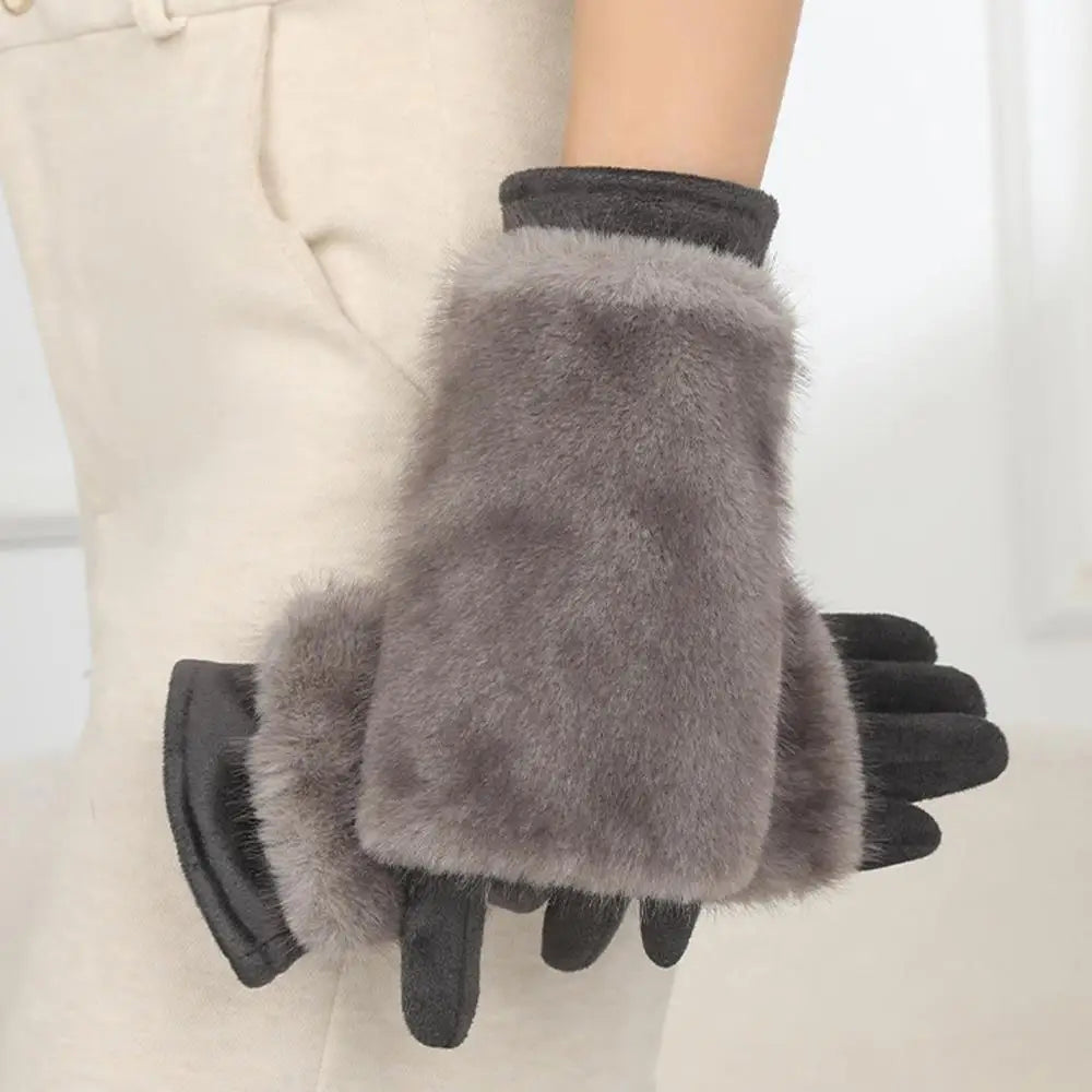 Grey Belro suede rabbit fur touch screen winter gloves, warm accessories with soft texture and touchscreen fingertips.