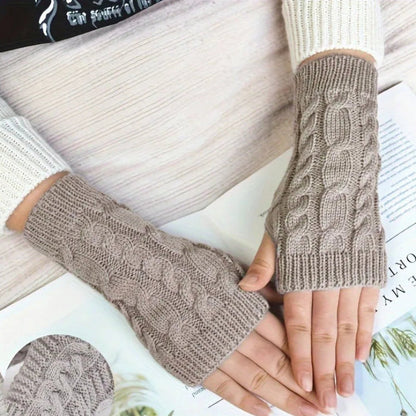 Gray knit women's winter fingerless gloves by Belro, showing close-up of textured knit fabric and open finger design.