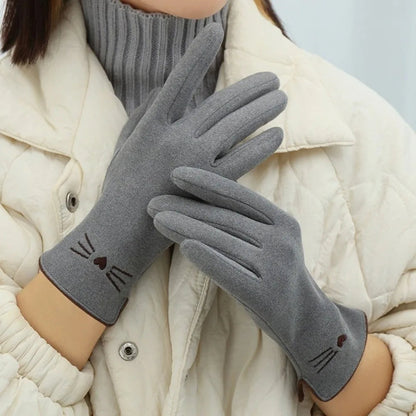 Grey Belro cat touchscreen winter gloves for women showing the soft fabric and touchscreen fingertips, designed for cold weather.
