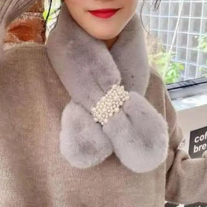 Grey faux fur pearl winter scarf by Belro, stylish accessory with plush texture and elegant pearl accents.