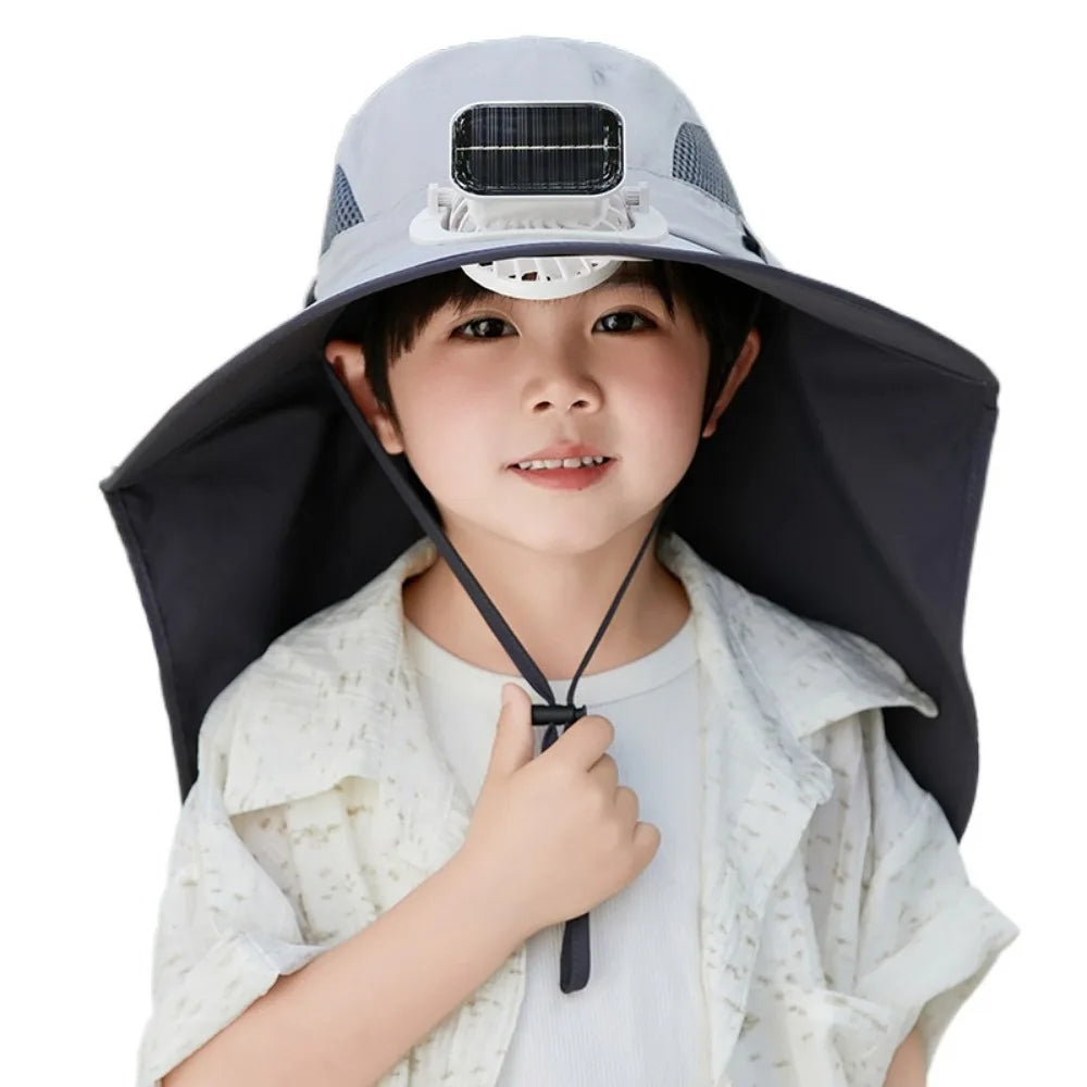 Grey adjustable kids solar fan hat by Belro with built-in sun protection and cooling fan, perfect for outdoor summer activities.