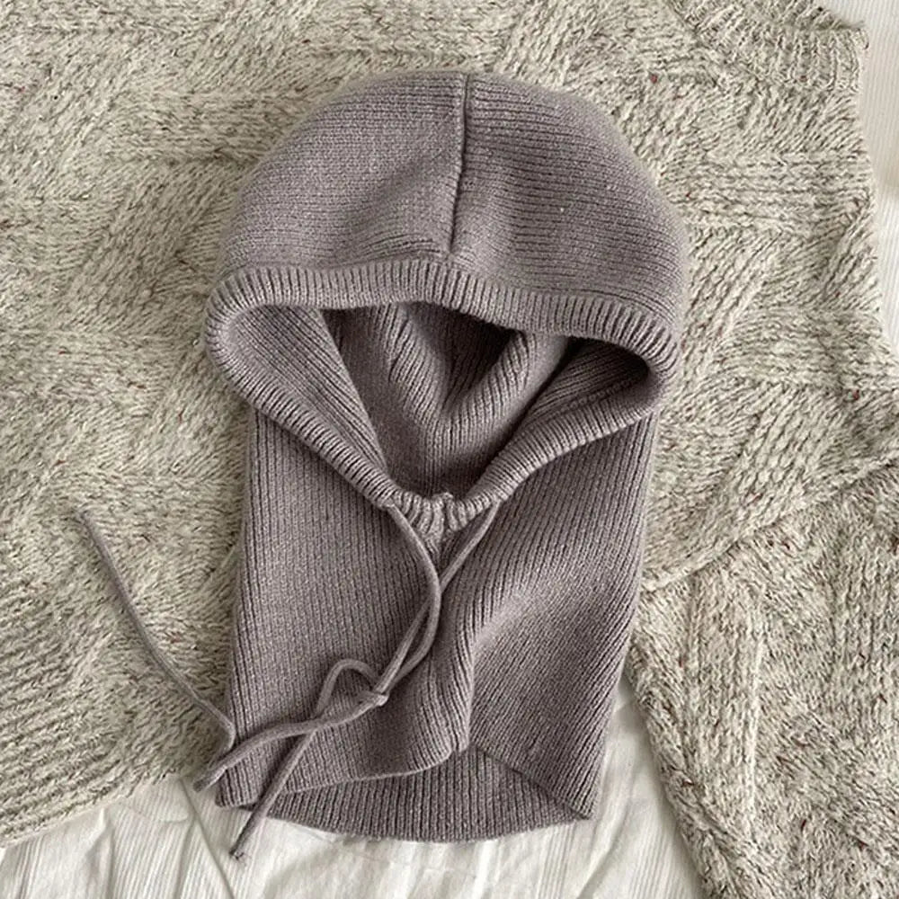 Grey Belro knitted hooded balaclava hat with neck warmer, designed for warmth and comfort in cold weather.
