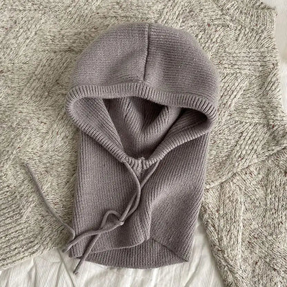 Grey Belro knitted hooded balaclava hat with neck warmer, designed for warmth and comfort in cold weather.