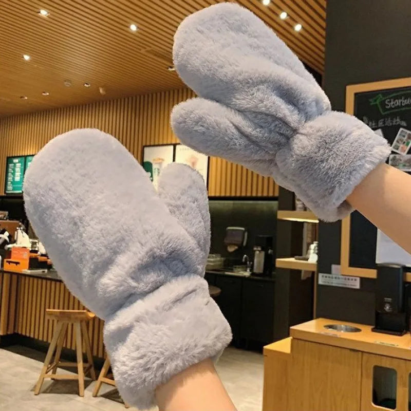 Grey fluffy plush mittens from Belro, winter warm gloves with soft, cozy lining for cold weather.