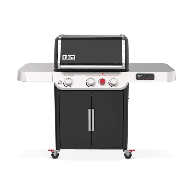 Casavibeo Weber Genesis EX-325s smart gas grill with stainless steel build, multiple burners, and side shelves for outdoor cooking.