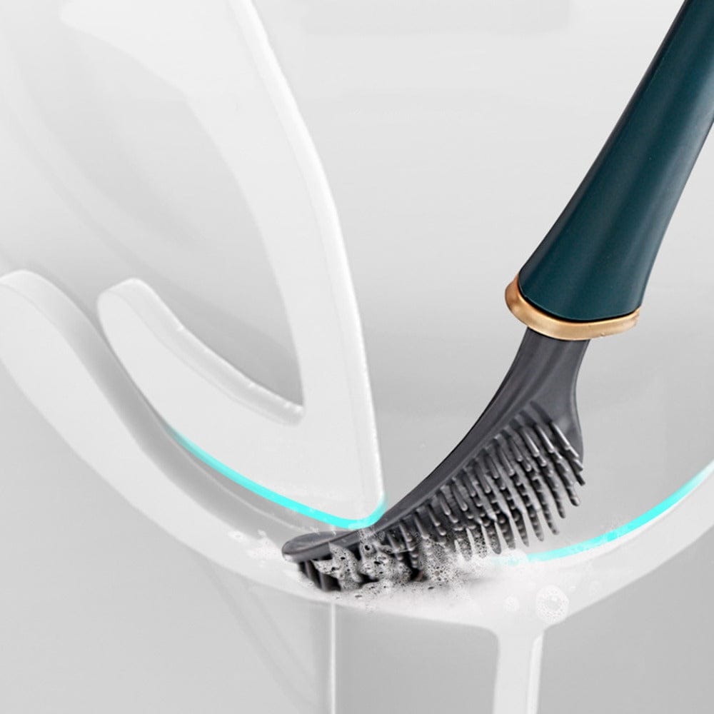 Flexible silicone toilet brush by Belro shown with soft silicone bristles and ergonomic handle for easy cleaning in a bathroom.