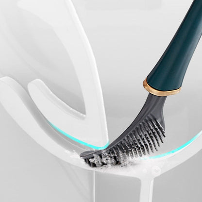Flexible silicone toilet brush by Belro shown with soft silicone bristles and ergonomic handle for easy cleaning in a bathroom.