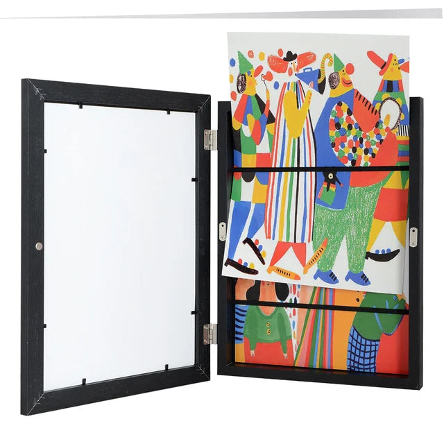 Belro innovative picture frame for up to 150 drawings and artworks, displayed on a home decor wall.