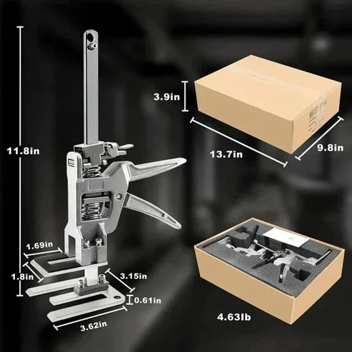 Belro universal hand jack for lifting and support, shown in use with a sturdy metal construction and ergonomic handle.