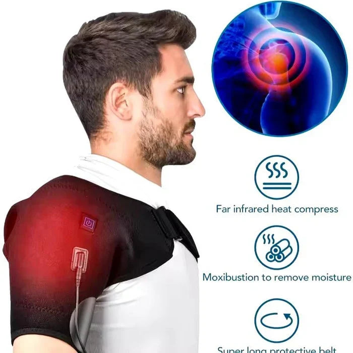 Belro heat therapy shoulder brace with adjustable strap, heating pad for pain relief from frozen shoulder, bursitis, tendinitis, or strain.