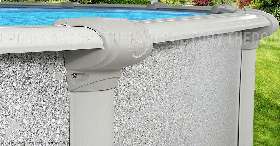 Casavibeo Signature RTL round above ground swimming pool with a reflective mirror-like surface, shown from a side-top view.