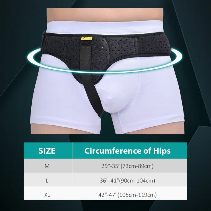 Belro hernia belt with adjustable suspenders for support and comfort during physical activity.