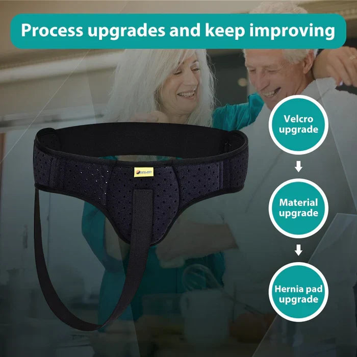 Belro hernia belt with adjustable suspenders for support during physical activity, made of durable, comfortable materials.