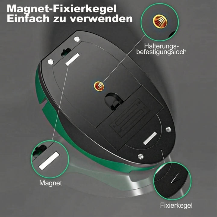 Mivoza compact laser level with self-levelling feature showing horizontal and vertical laser lines on a wall for precise alignment.