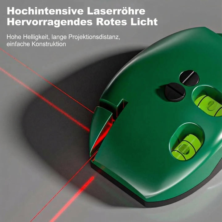 Mivoza compact laser level with self-levelling feature showing horizontal and vertical laser lines for precise alignment.
