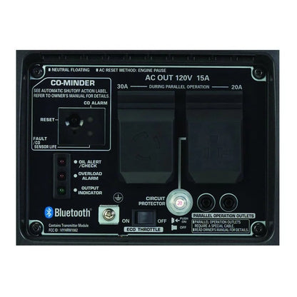 Honda EU2200i Companion inverter generator control panel showing switches, outlets, and digital display.
