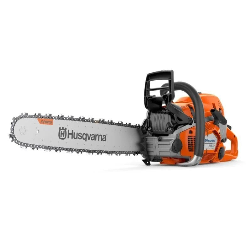 Husqvarna 562 XP® MARK II chainsaw with a sturdy black and orange body, featuring a silver guide bar and chain for professional cutting.
