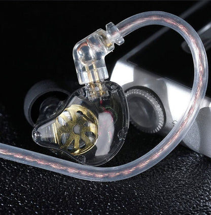 Belro in-ear monitors showing sleek black design with ear tips and inline remote, ideal for professional audio listening.