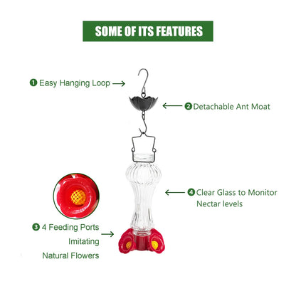 Belro Flowers Glass Hummingbird Feeder with Ant Moat for Home & Garden decor, featuring colorful glass flowers and a built-in ant moat.