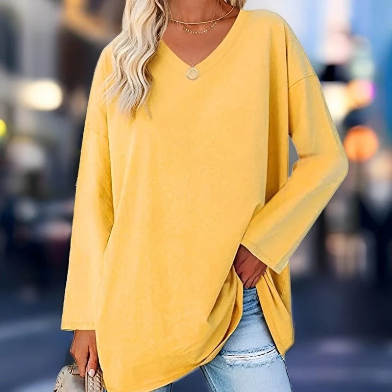 Belro women's long-sleeved V-neck shirt, stylish and comfortable clothing for women, shown in a neutral color.