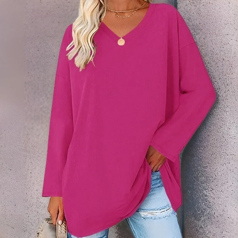 Belro women's long-sleeved V-neck shirt featuring a comfortable, trendy design in soft fabric, perfect for casual wear.