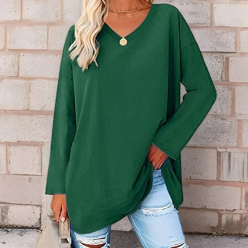 Belro women's long-sleeved V-neck shirt, made for comfort, shown in soft fabric with a relaxed fit and stylish design.