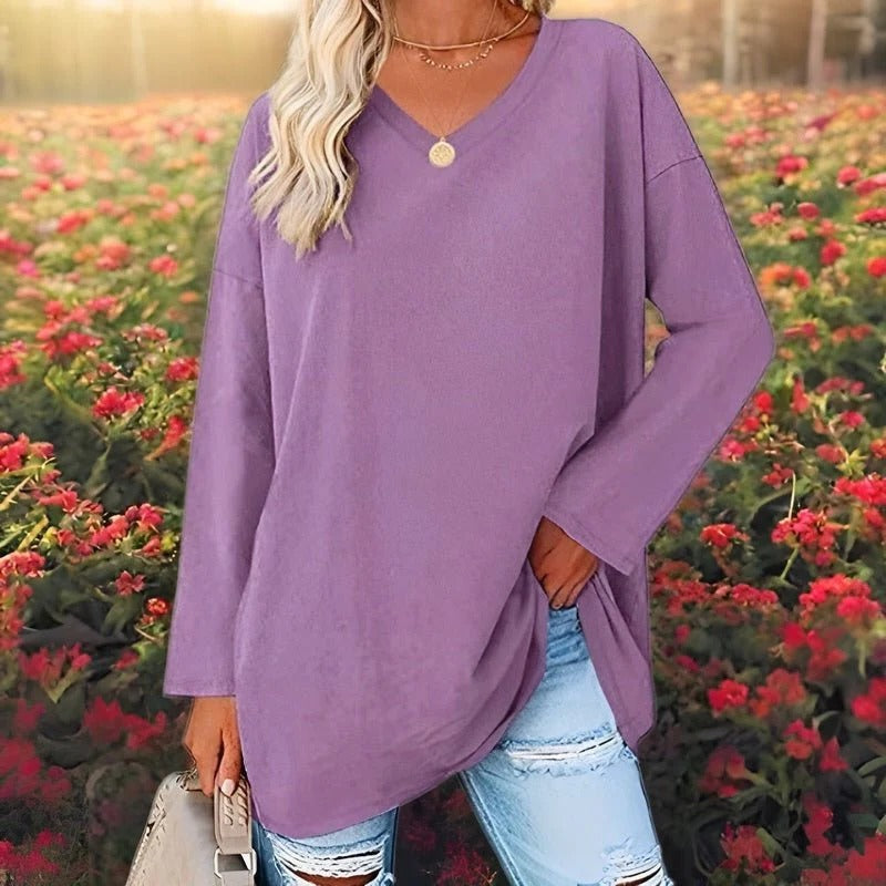 Belro women's long-sleeved V-neck shirt in soft, comfortable fabric, displayed on a neutral background.