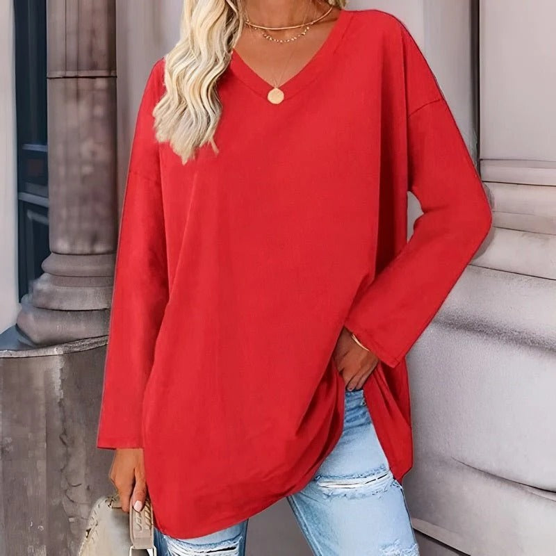 Belro women's long-sleeved V-neck shirt, stylish and comfortable, shown in a relaxed fit with a soft fabric texture.