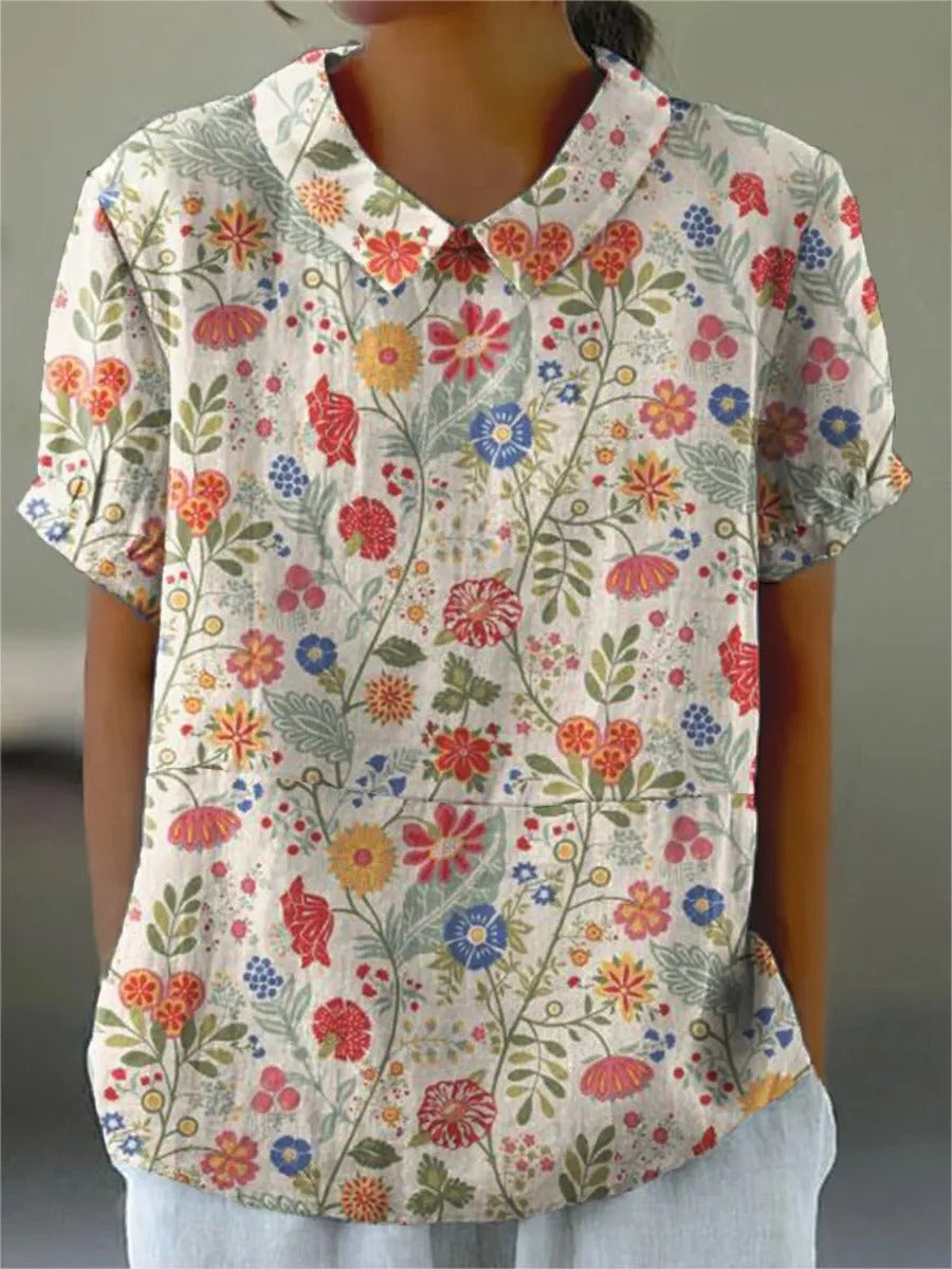 Women’s casual cotton linen shirt with pastoral floral print, Belro brand, featuring a relaxed fit and lightweight, breathable fabric.