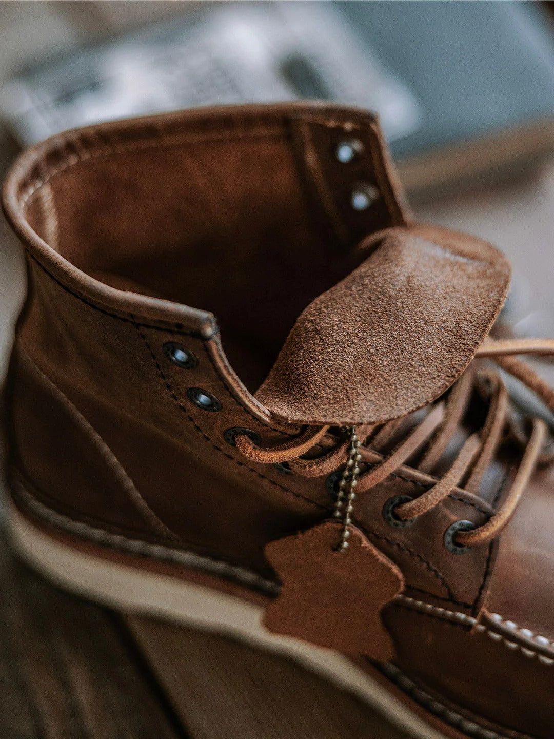 Men's full grain leather moccasin toe work boots by Belro, featuring sturdy construction and durable outsole for industrial use.