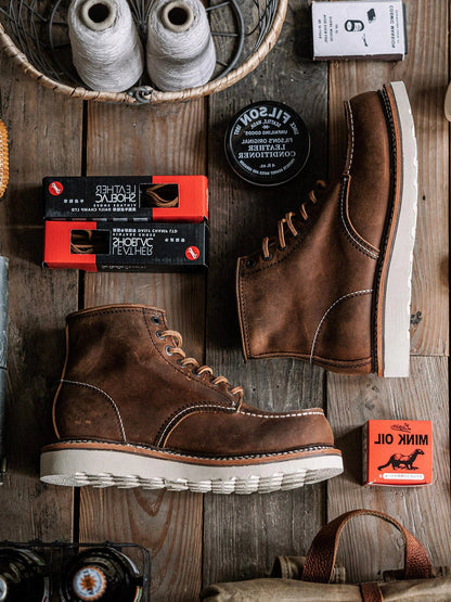 Belro men's full grain leather moccasin toe work boots showing durable leather upper and sturdy sole for rugged outdoor use.