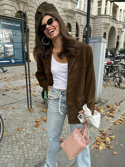 Elegant brown suede women's jacket by Belro, featuring a stylish collar and classic design, perfect for fall and winter wear.