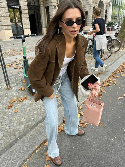 Elegant brown suede women's jacket by Belro, featuring a stylish collar and classic fit, perfect for casual or dressy occasions.