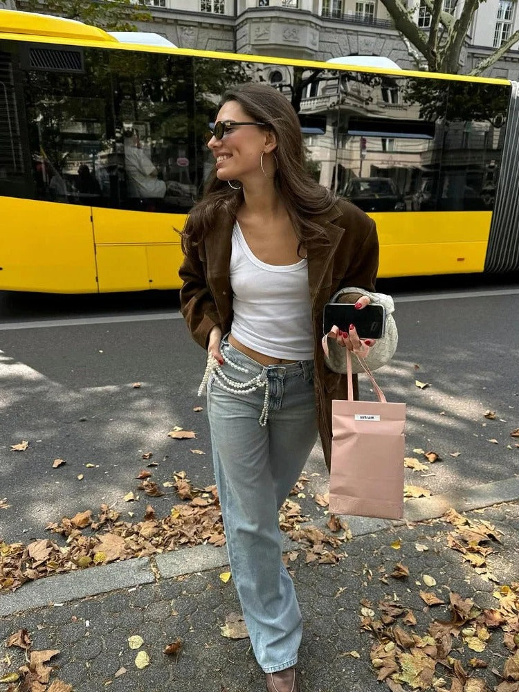 Elegant brown suede women's jacket by Belro, featuring a stylish collar and sleek fit, perfect for contemporary fashion.