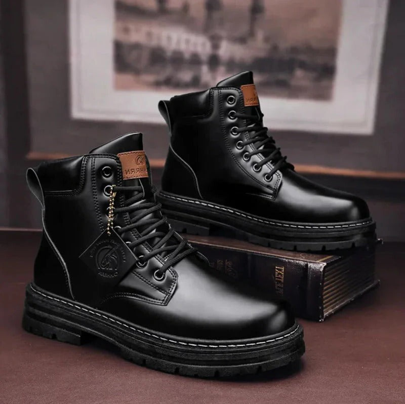 Belro waterproof men's lace-up boots with comfort sole, showing sturdy leather exterior and durable rubber outsole.