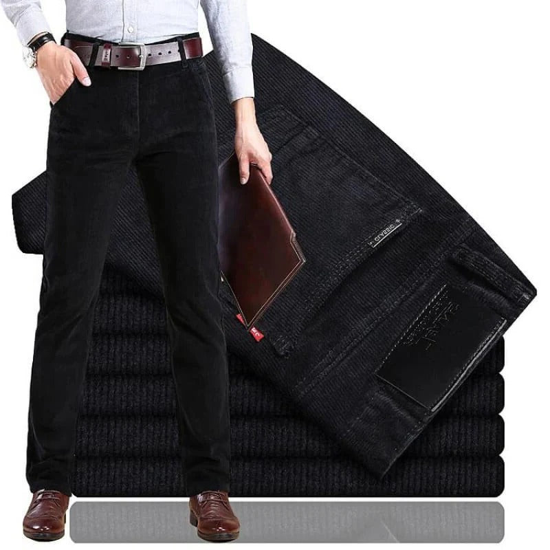 Men's Belro corduroy trousers in a classic fit, shown in a neutral color, displaying waist and full length on a plain background.