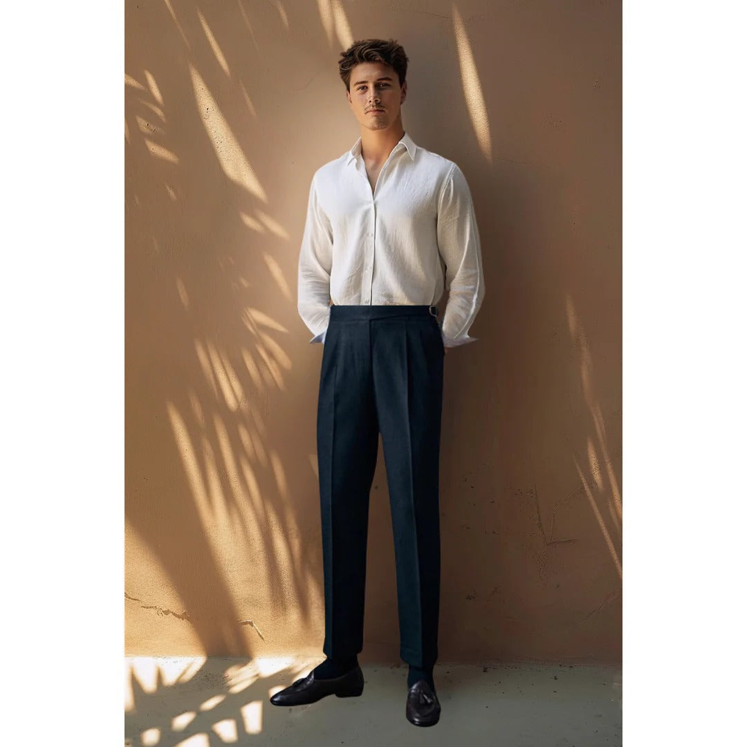 Belro men's trousers in classic style, tailored fit, and neutral color, shown on a hanger against a plain background.