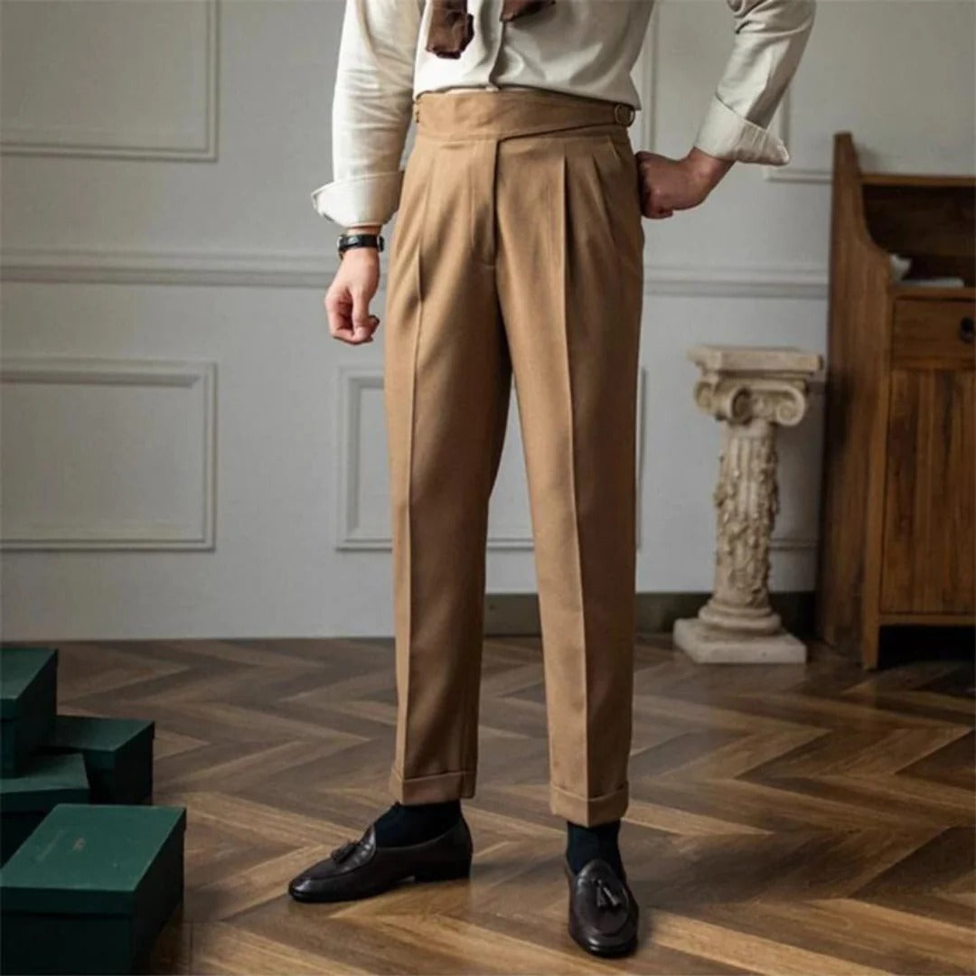 Belro men's high-quality trousers displayed on a hanger, featuring a classic fit and neutral color, suitable for casual or business wear.